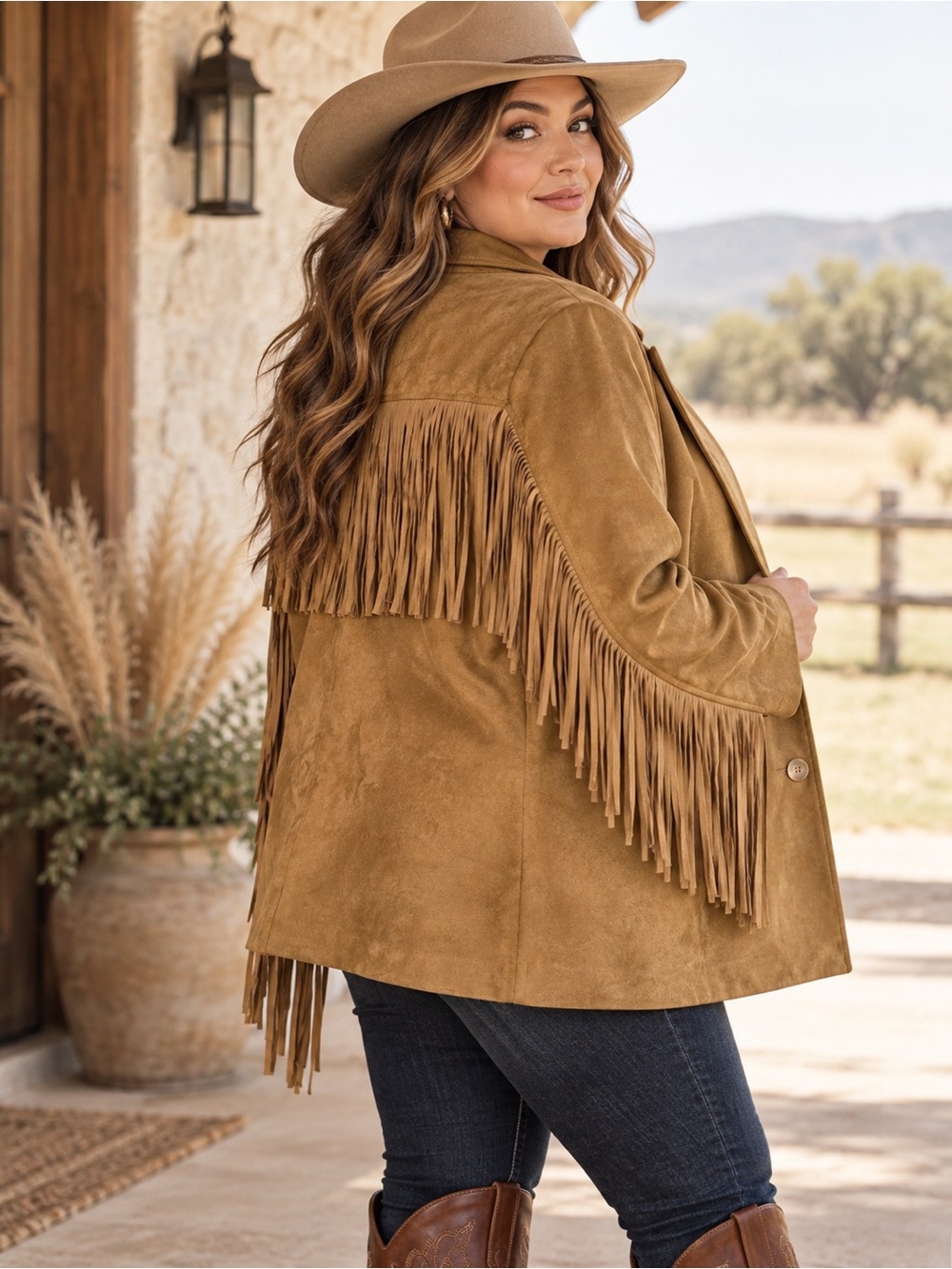 Tan Faux Suede Fringe Blazer Western Ranch Heritage Style XL